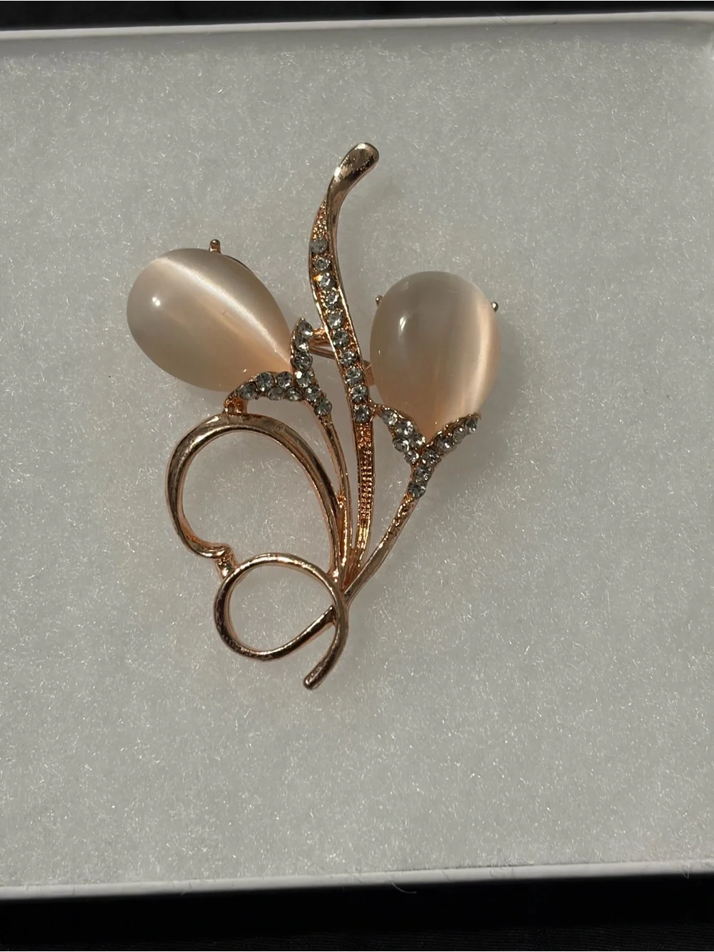 Rose Gold Floral Teardrop Brooch with Champagne Pearlescent Cabochons